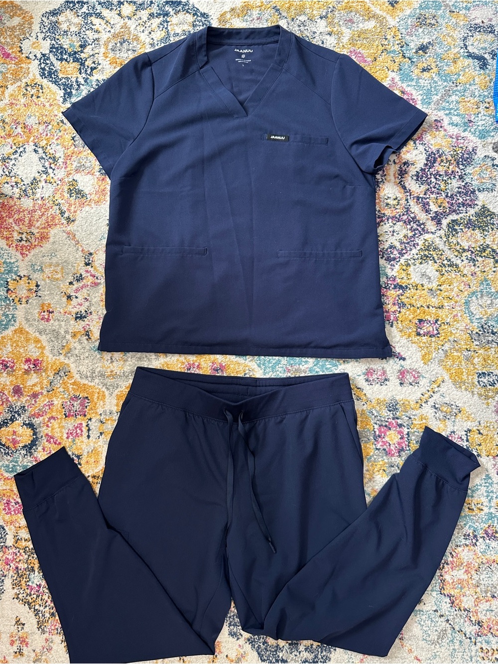Jaanuu Navy Blue Scrub Set Women Large Helia Notched V Neck Top Jogger Pants L